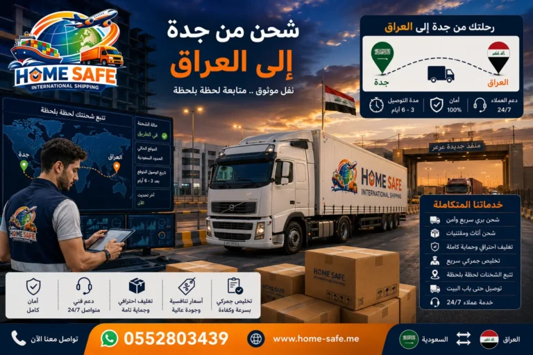 شركة شحن من جدة إلى العراق تقدم خدمات الشحن البحري والبري ونقل الأثاث والبضائع والشحن التجاري مع التخليص الجمركي والمتابعة المستمرة عبر هوم سيف للشحن الدولي