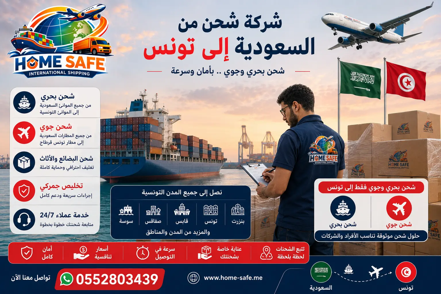 Ladijska družba iz Savdske Arabije v Tunizijo ponuja storitve pomorskega in zračnega prevoza, prevoz pohištva in komercialnega blaga ter posebne pošiljke s carinjenjem prek HomeSafe International Shipping.